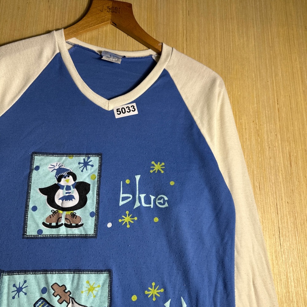 Vintage Blue Night Nightgown Womens Small Blue 90s Penguin Reindeer Sleepwear - Picture 6 of 15